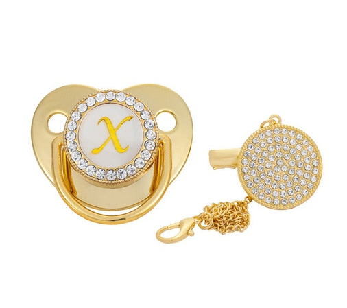 Name Initial Letter Baby Pacifier and Pacifier Clips BPA Free Silicone Infant Nipple Gold Bling Newborn Dummy Soother