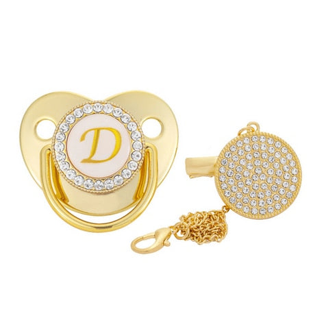 Name Initial Letter Baby Pacifier and Pacifier Clips BPA Free Silicone Infant Nipple Gold Bling Newborn Dummy Soother