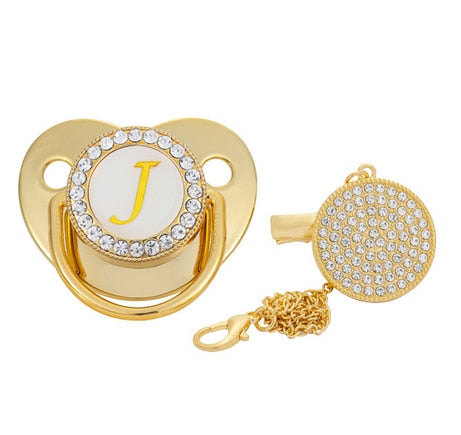 Name Initial Letter Baby Pacifier and Pacifier Clips BPA Free Silicone Infant Nipple Gold Bling Newborn Dummy Soother