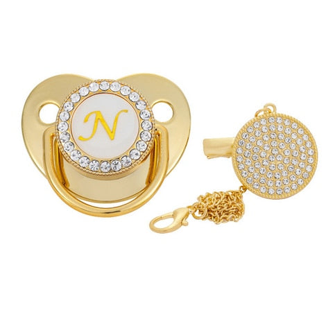 Name Initial Letter Baby Pacifier and Pacifier Clips BPA Free Silicone Infant Nipple Gold Bling Newborn Dummy Soother