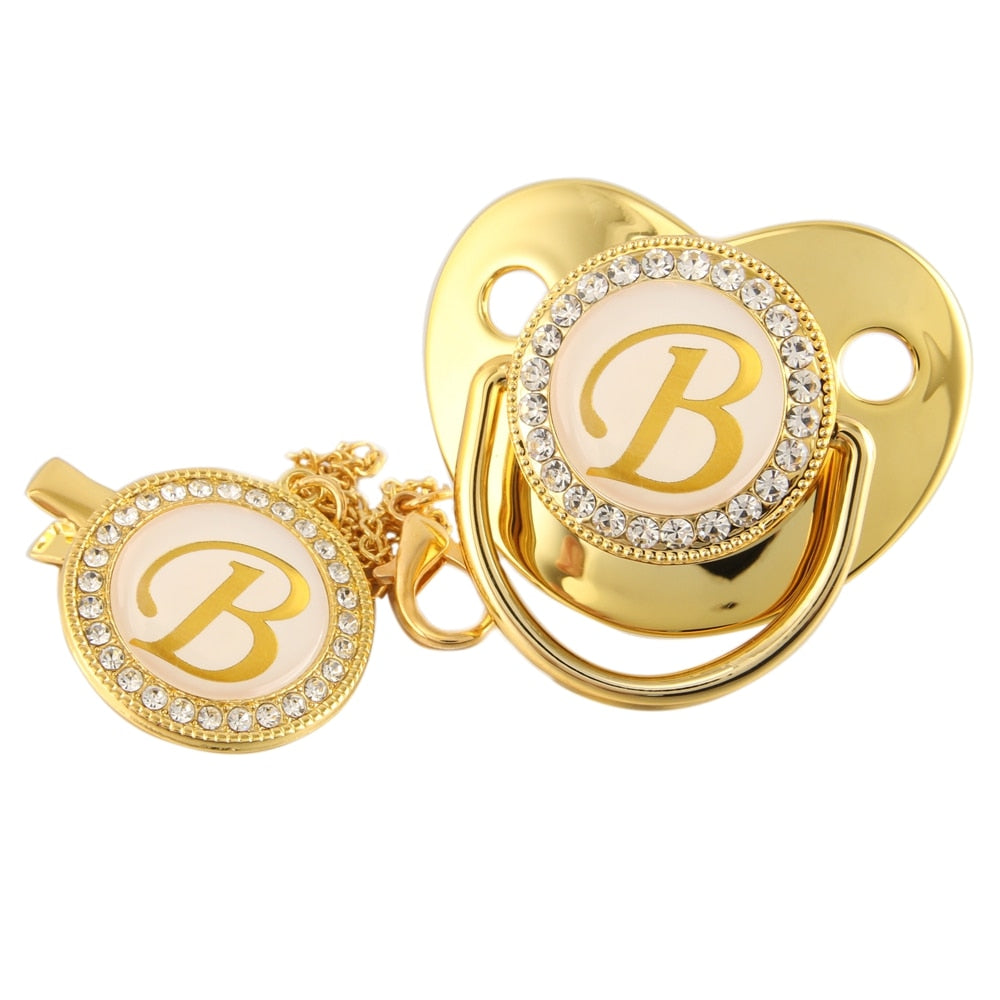 Name Initial Letter Baby Pacifier and Pacifier Clips BPA Free Silicone Infant Nipple Gold Bling Newborn Dummy Soother