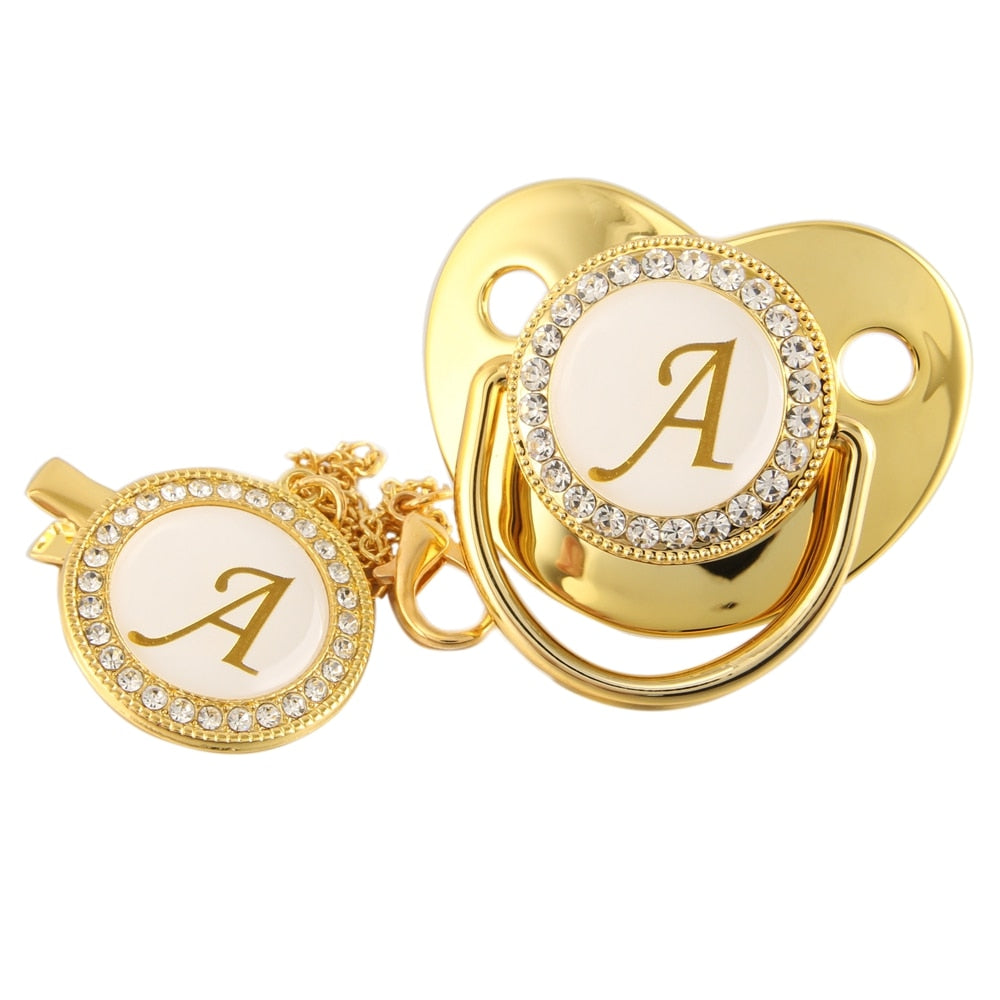 Name Initial Letter Baby Pacifier and Pacifier Clips BPA Free Silicone Infant Nipple Gold Bling Newborn Dummy Soother