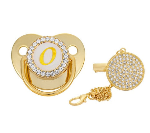 Name Initial Letter Baby Pacifier and Pacifier Clips BPA Free Silicone Infant Nipple Gold Bling Newborn Dummy Soother