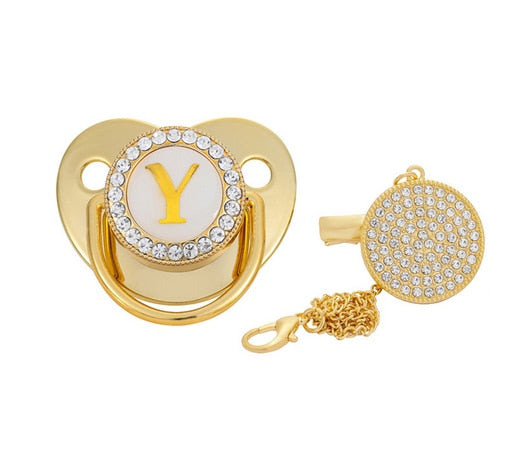 Name Initial Letter Baby Pacifier and Pacifier Clips BPA Free Silicone Infant Nipple Gold Bling Newborn Dummy Soother