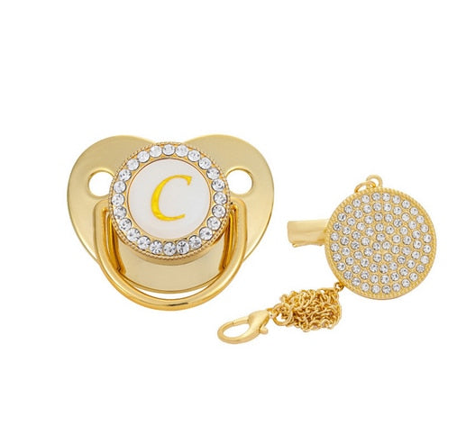 Name Initial Letter Baby Pacifier and Pacifier Clips BPA Free Silicone Infant Nipple Gold Bling Newborn Dummy Soother